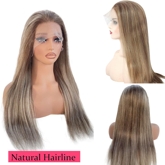 20 Inch Balayage Human Hair Wigs Ombre Ash Blonde 13x4 HD Transparent Chestnut Brown to Ash Blonde Highlight Lace Front Remy Hair with Brown Roots for Women Pre Plucked with Baby Hair 150% Density